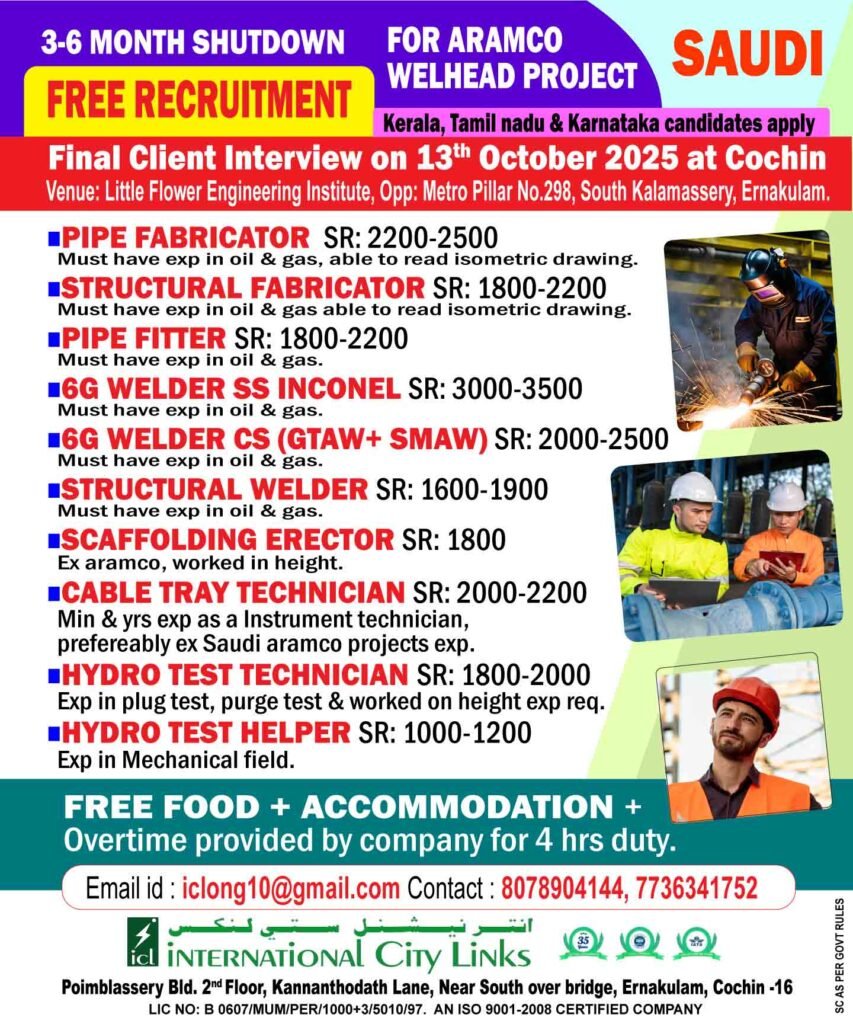 pipe fabricator, structural fabricator, pipe fitter, 6g welder ss inconel, 6g welder cs (gtaw+ smaw), structural welder, scaffolding erector